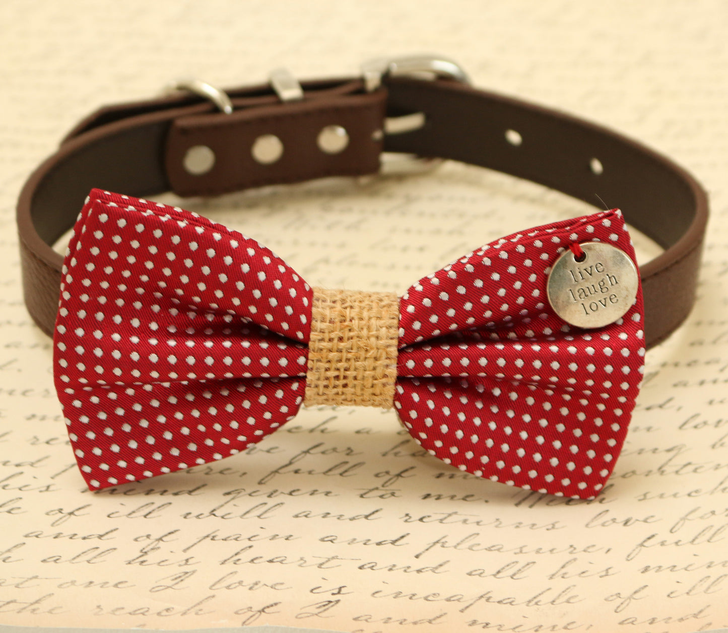 Red and Burlap Dog Bow tie attached to collar with charm , Wedding dog collar