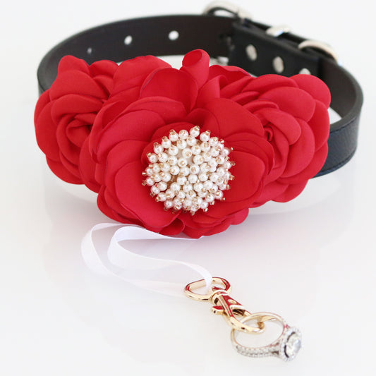Red Pearl beaded Flower dog collar, Dog ring bearer ring bearer proposal XS XXL collar handmade High quality wedding gift Proposal Red collar