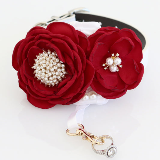 Red Pearl beaded Flower dog collar, Dog ring bearer ring bearer proposal XS XXL collar handmade High quality wedding gift Proposal Christmas