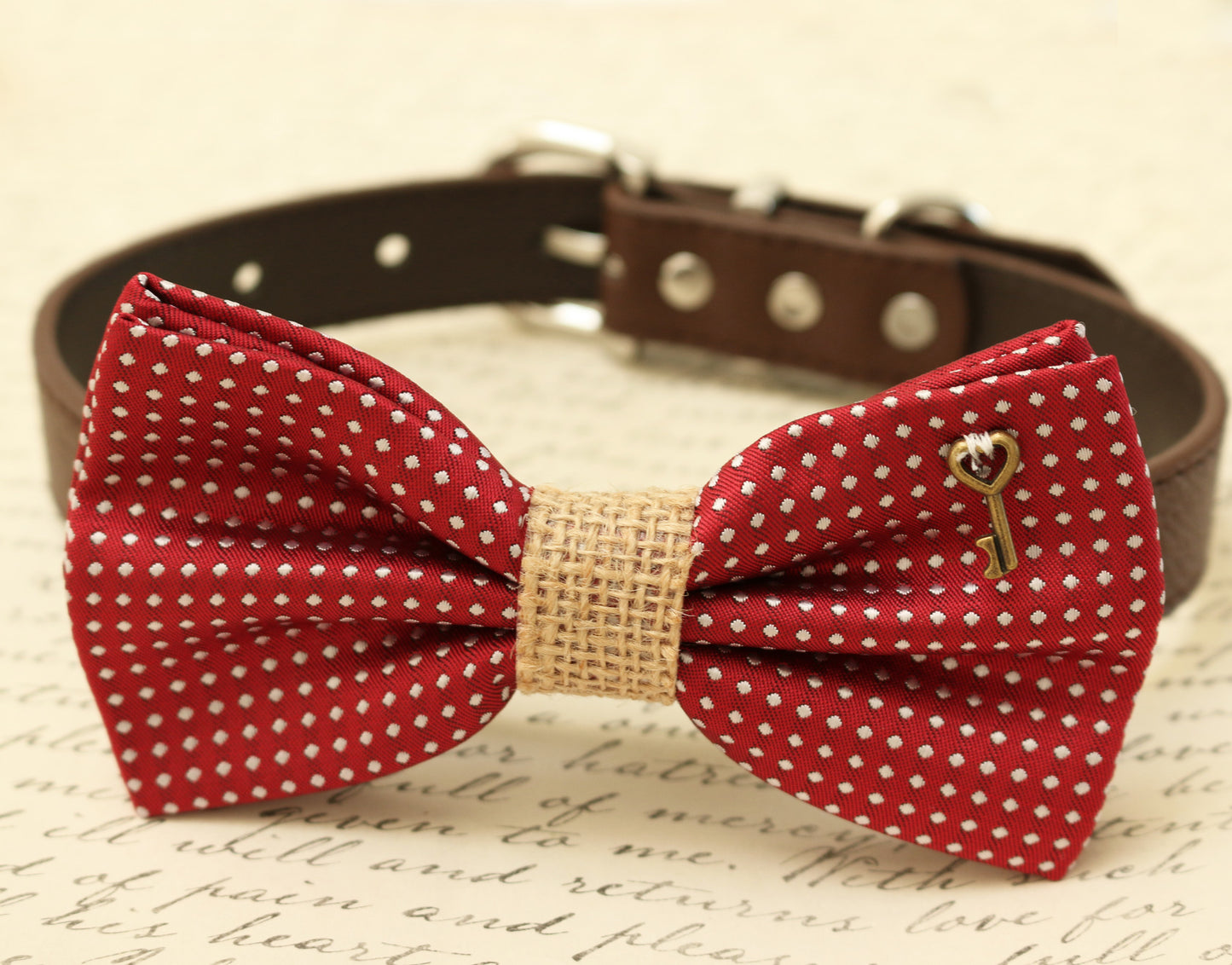 Red polka dots Dog Bow Tie attached to collar, Burlap, Red wedding, Cat , Wedding dog collar