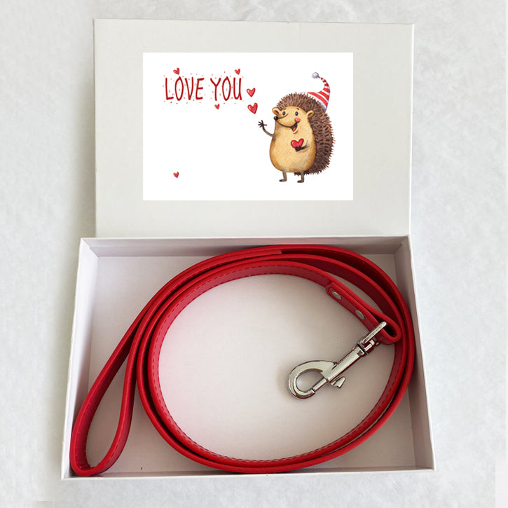Red Dog Leash with a Postcard and a box, Dog Lover gift, Dog Leash, Custom card, Enjoy, Miss you, Love you birthday card, leather , Wedding dog collar