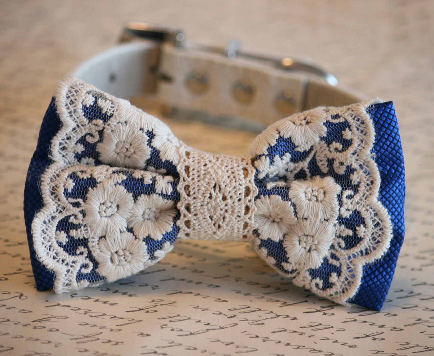 Royal Blue Lace Dog Bow Tie, Rustic, Bohemian , Wedding dog collar