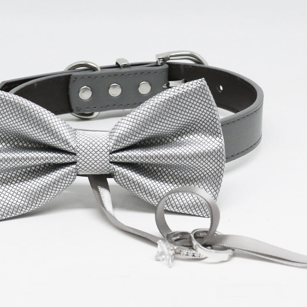 Silver Dog Bow Tie ring bearer, Pet Wedding, Silver bow attached to dog collar , Wedding dog collar