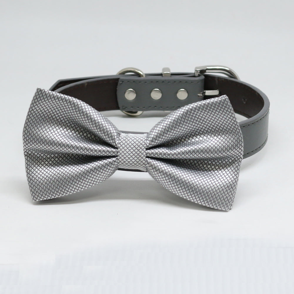 Silver Dog Bow Tie, Pet Wedding, Silver bow attached to dog collar , Wedding dog collar