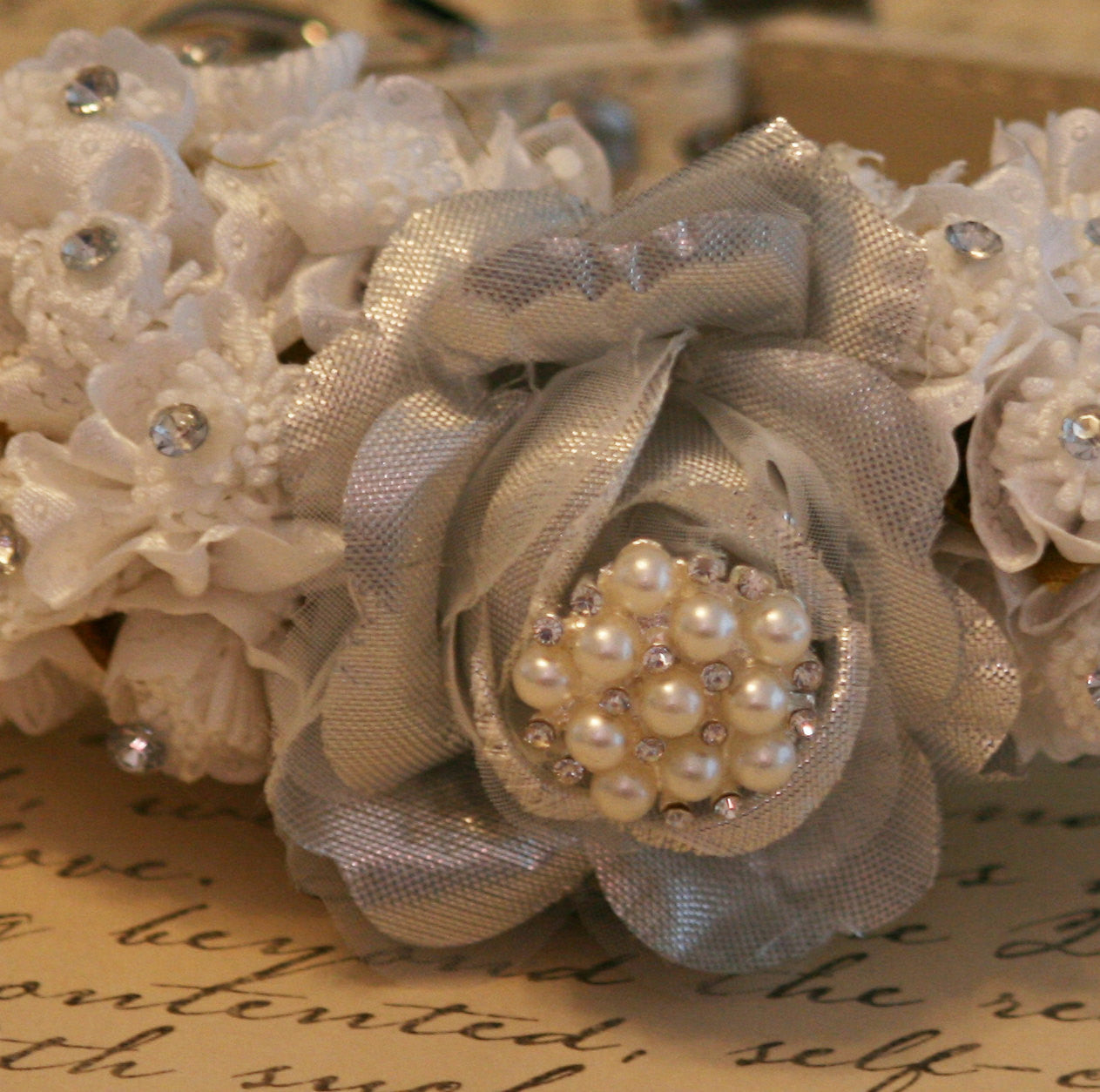 Silver Floral Dog Collar, Pet wedding, Silver Flower with rhinestone , Wedding dog collar