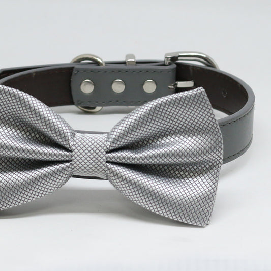 Silver Dog Bow Tie, Pet Wedding, Silver bow attached to dog collar , Wedding dog collar