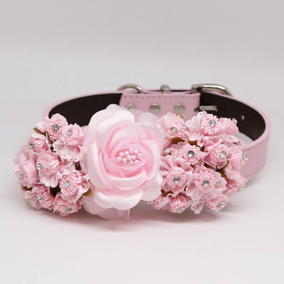 Soft Pink Floral Handmade dog collar, Rhinestone, Wedding pet accessory, Dog ring bearer , Wedding dog collar