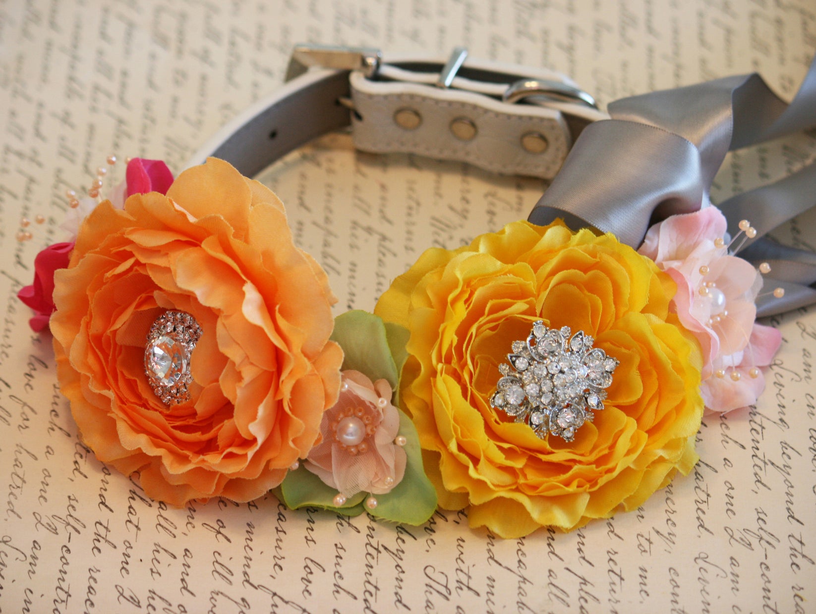 Yellow, Orange, Hot pink, Light pink wedding dog collar LA Dog Store