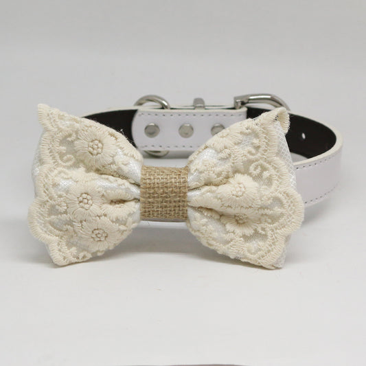 White Lace Dog Bow Tie collar, Handmade dog collar, White Lace bow tie , Wedding dog collar