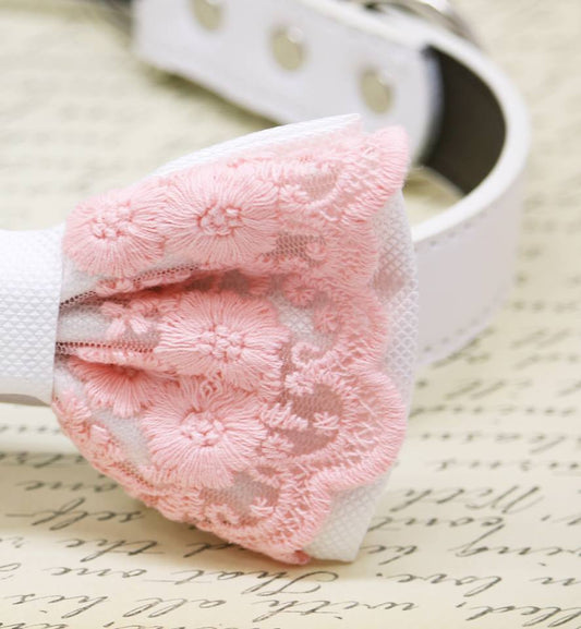 White Pink Lace Dog Bow Tie collar, Summer Beach Wedding, Lace Pet wedding , Wedding dog collar