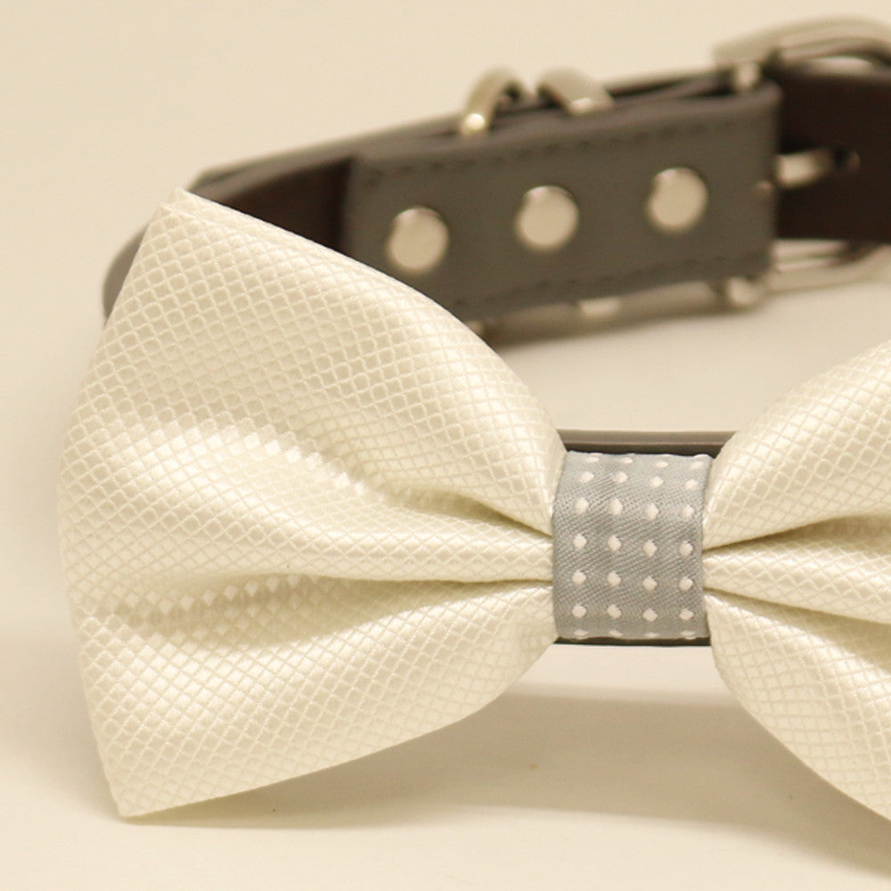 White dog bow tie collar, White and Gray, Leather collar , Wedding dog collar