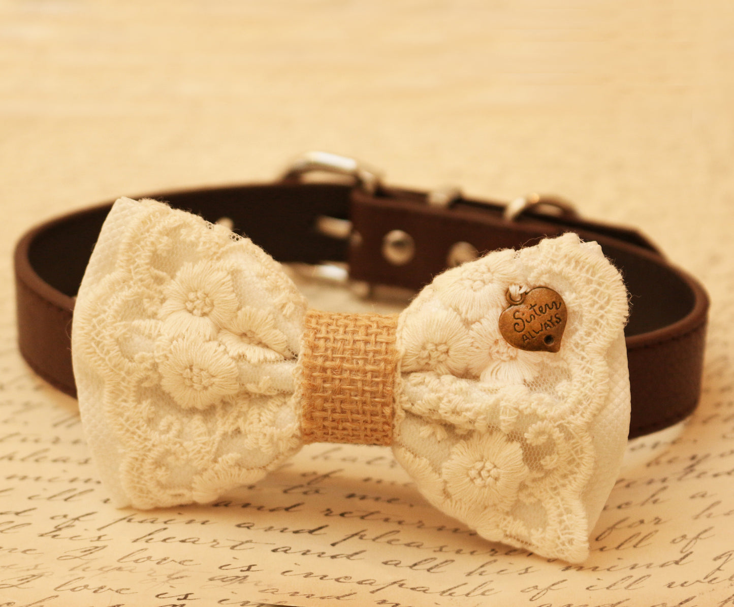 White Dog Bow Tie attached to collar, Pet wedding, Lace bow tie, Charm , Wedding dog collar