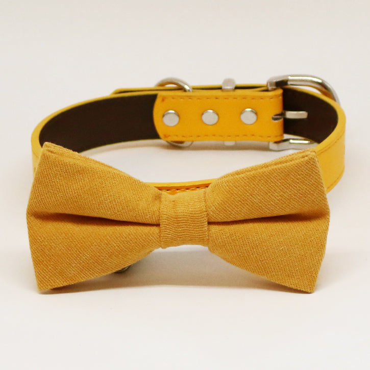 Marigold  bow tie dog collar, Black Gray Brown Ivory Champagne Copper Gold or Yellow leatherdog collar, Puppy bow collar, Marigold  wedding , Wedding dog collar