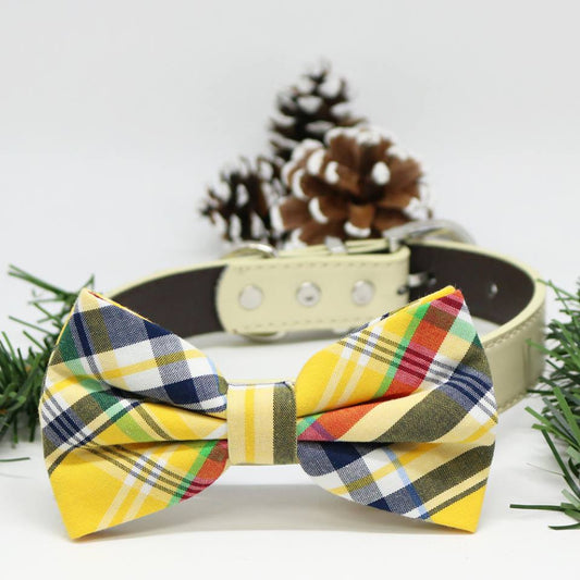 Plaid dog Yellow Blue bow tie Collar, Wedding lovers, dog birthday gift, Pet accessory , Wedding dog collar