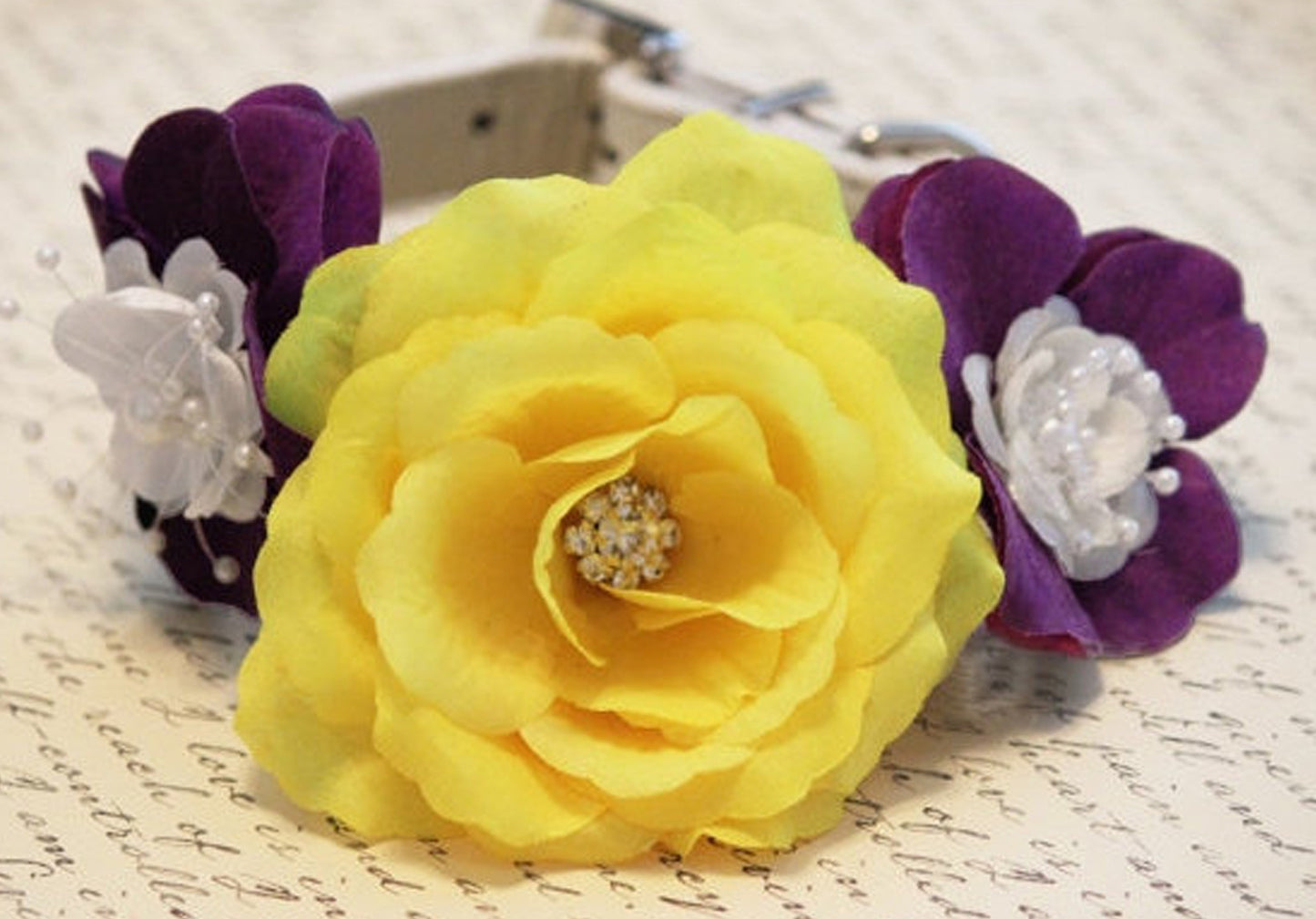 Purple and Yellow Dog Collar, Wedding dog accessory, Summer pet floral wedding , Wedding dog collar