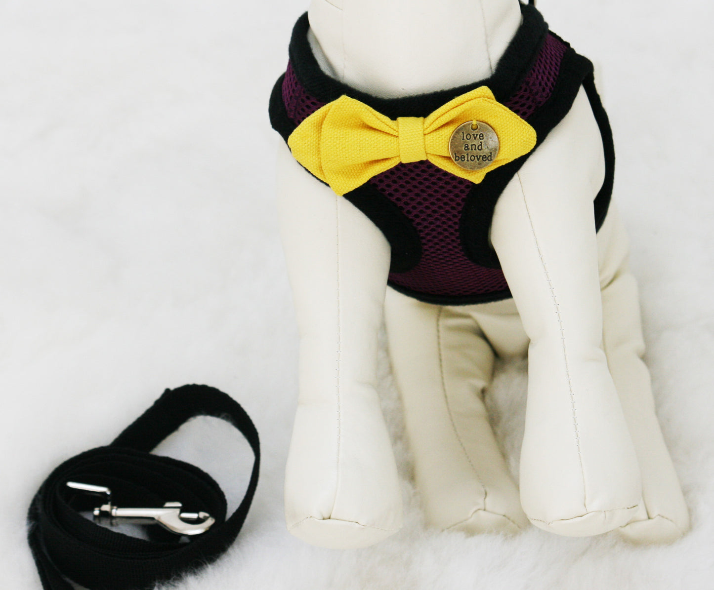Purple Dog Harness with Yellow bow and a black leash , Wedding dog collar