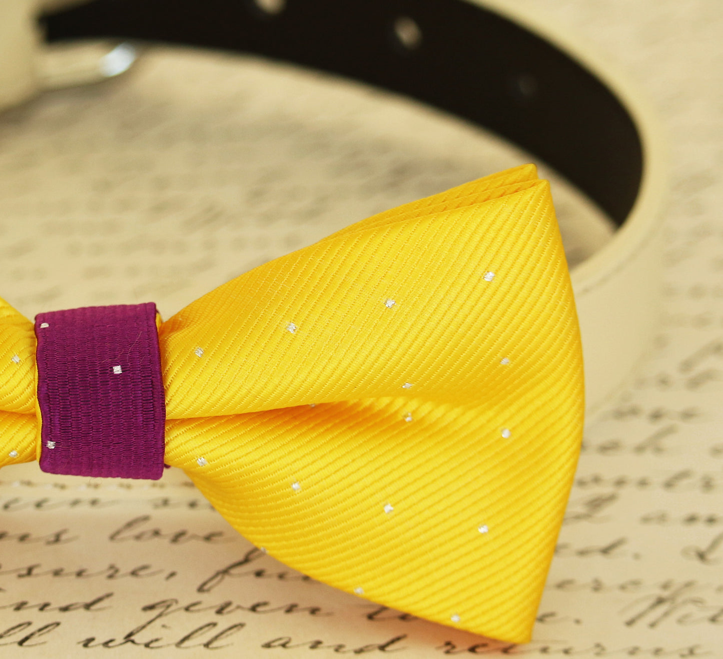 Yellow dog bow tie attached to collar, Yellow and violet, Birthday gift, Colorful , Wedding dog collar