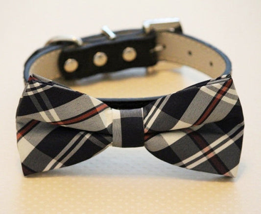 Plaid black dog bow tie attached to collar, Plaid Wedding Accessory , Wedding dog collar
