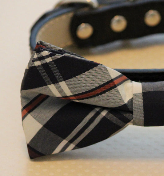 Plaid black dog bow tie attached to collar, Plaid Wedding Accessory , Wedding dog collar
