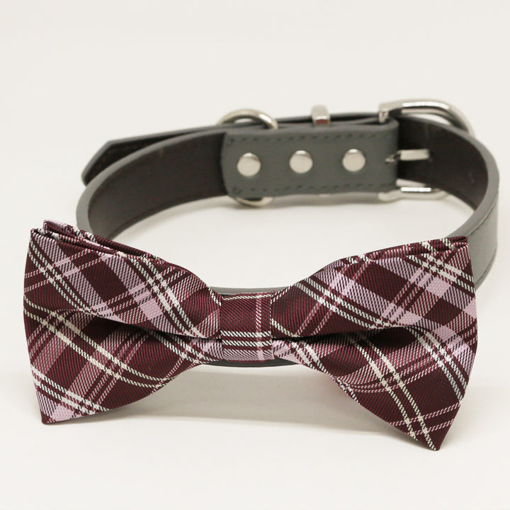 Burgundy Dusty pink Dog Bow Tie Collar, leather dog collar, Dog ring bearer, Dusty pink bow tie, Plaid bow, Dog ring bearer, boy dog collar , Wedding dog collar