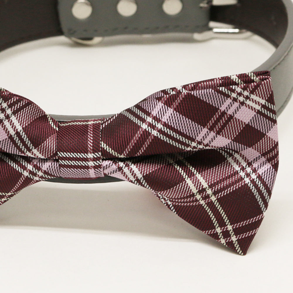 Burgundy Dusty pink Dog Bow Tie Collar, leather dog collar, Dog ring bearer, Dusty pink bow tie, Plaid bow, Dog ring bearer, boy dog collar , Wedding dog collar