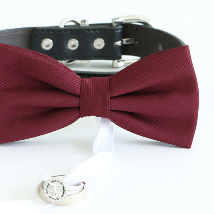 Burgundy bow tie collar Leather collar Dog ring bearer ring bearer adjustable handmade XS to XXL collar and bow, Puppy bow collar, Proposal , Wedding dog collar