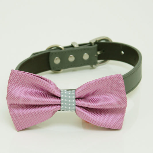 Dusty Rose Dog Bow Tie Collar, Bow attached to Gray, Brown, black, Ivory, Champagne, pink or lilac leather dog collar, Dusty Rose Gray bow , Wedding dog collar