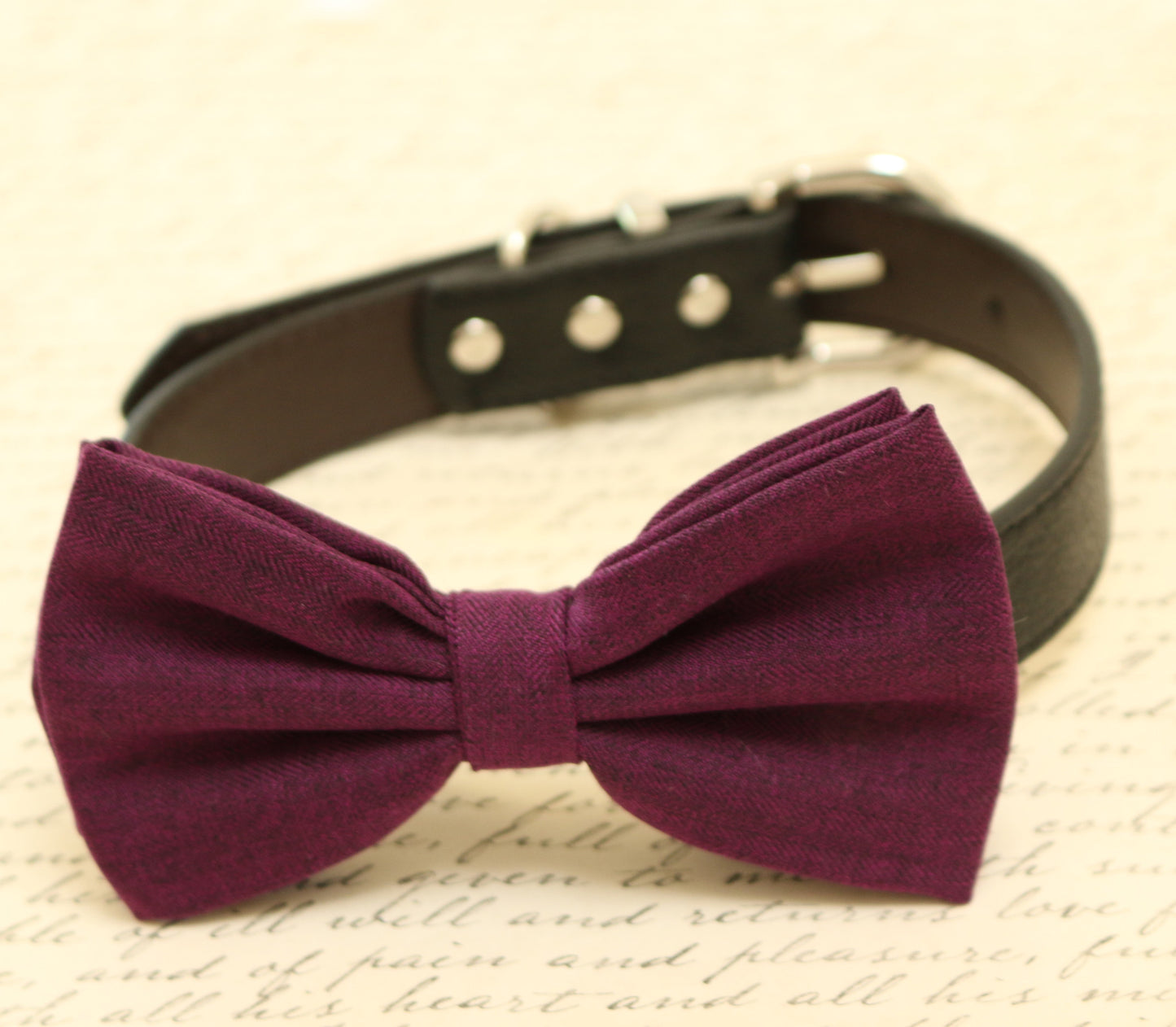 Eggplant dog bow tie attached to collar, Eggplant wedding, dog birthday gift , Wedding dog collar