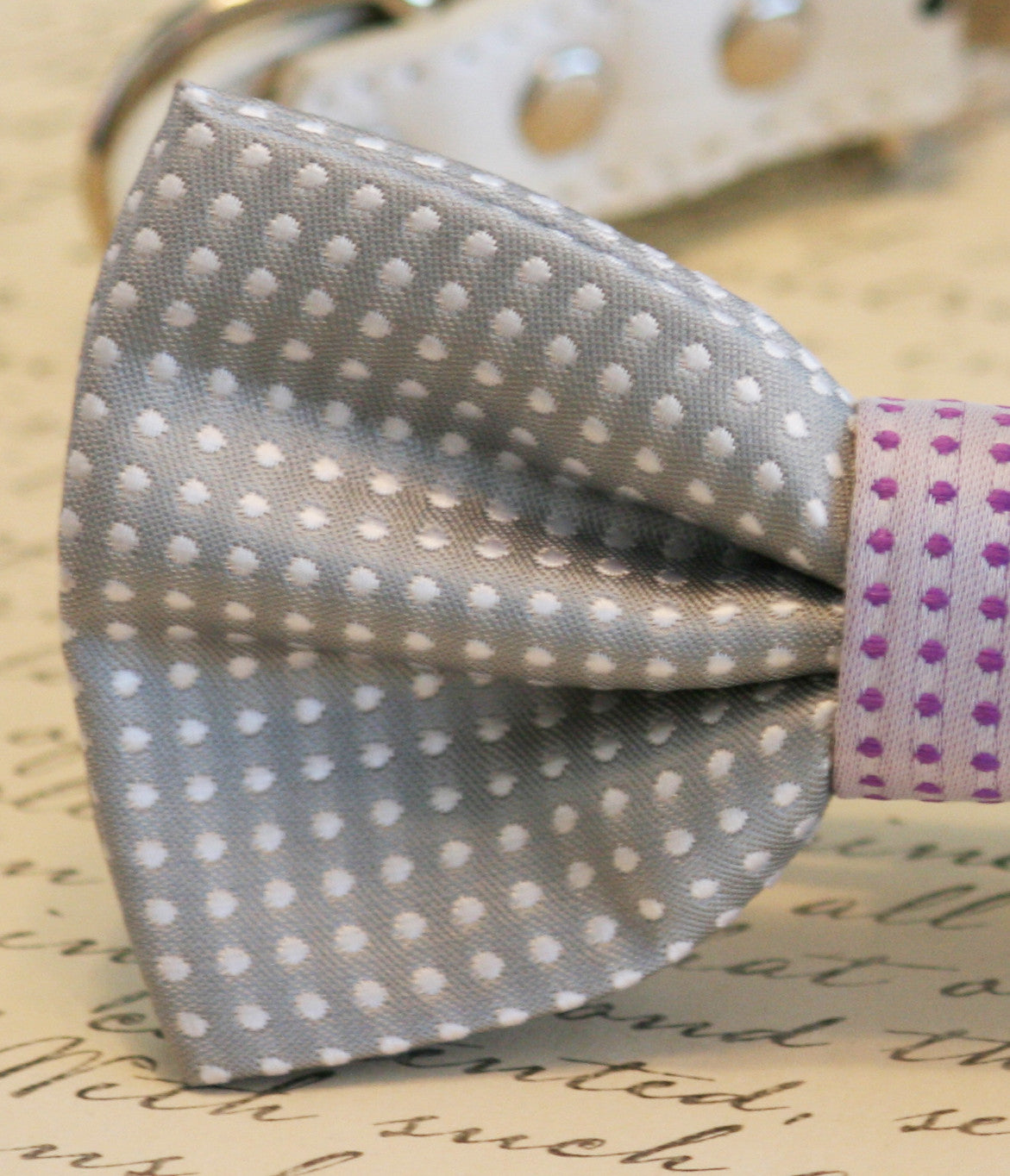 Gray Polka dots dog bow tie, Gray and purple Bow Pet wedding Accessory , Wedding dog collar