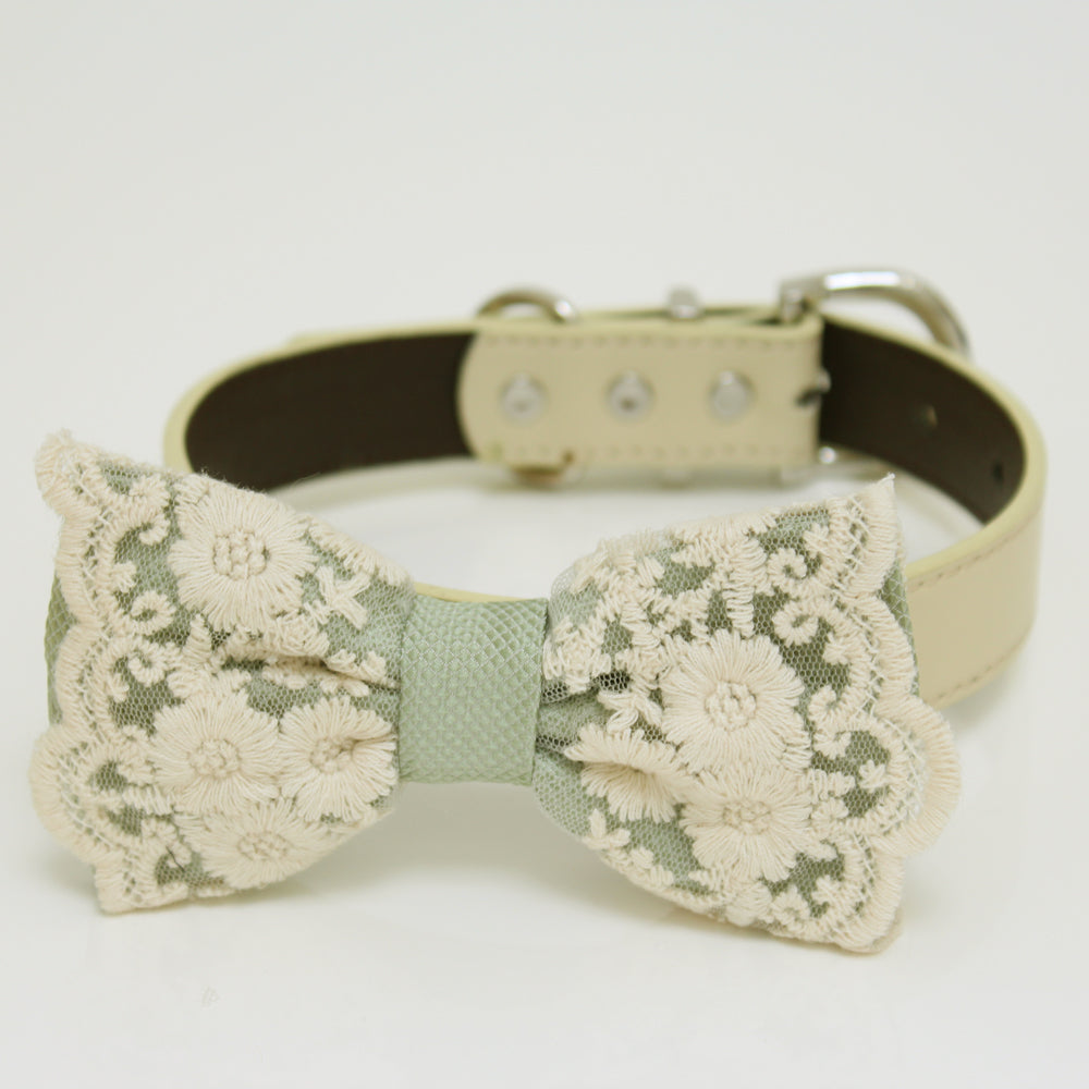Sage green Bow tie collar, Sage green lace Bow tie attach to Ivory, brown, Copper, Champagne, gray or white leather collar, handmade wedding , Wedding dog collar
