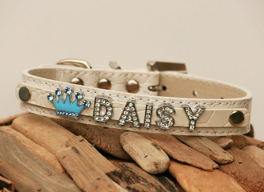 White leather dog collar with blue crown and up to 7 rhinestone letters- some thing blue , Wedding dog collar