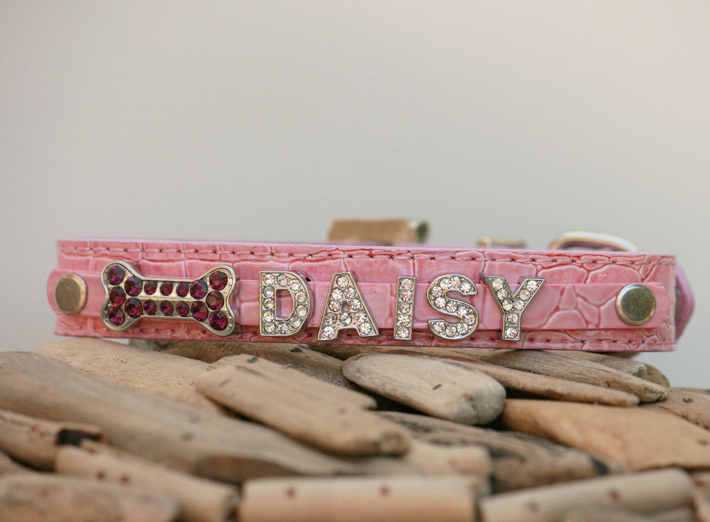 Pink Dog Collar, Rhinestone dog  Collar with Personalized Rhinestone Letters and Purple Rhinestone Bone , Wedding dog collar