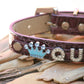 Purple beaded Leather dog collar, Personalized Rhinestone Name and a charm , Wedding dog collar