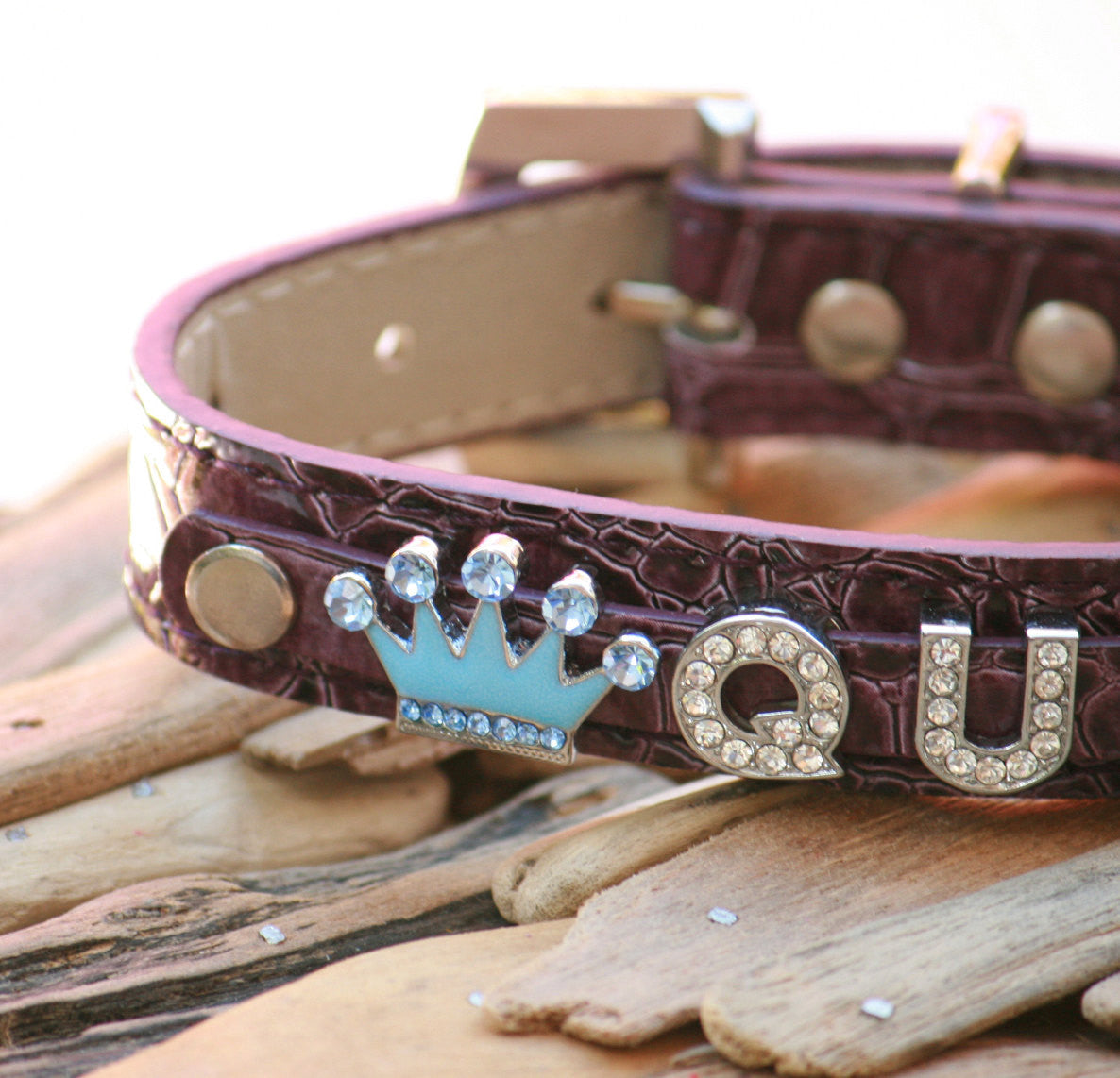Purple beaded Leather dog collar, Personalized Rhinestone Name and a charm , Wedding dog collar