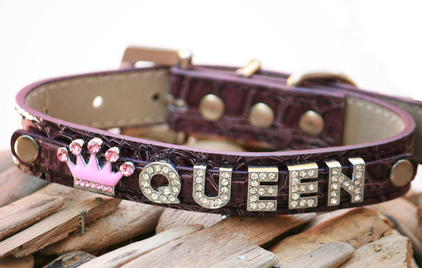 Purple Leather dog collar,  Rhinestone Collar with Personalized Rhinestone Name and Pink Rhinestone Crown - X Large Dog Collar , Wedding dog collar
