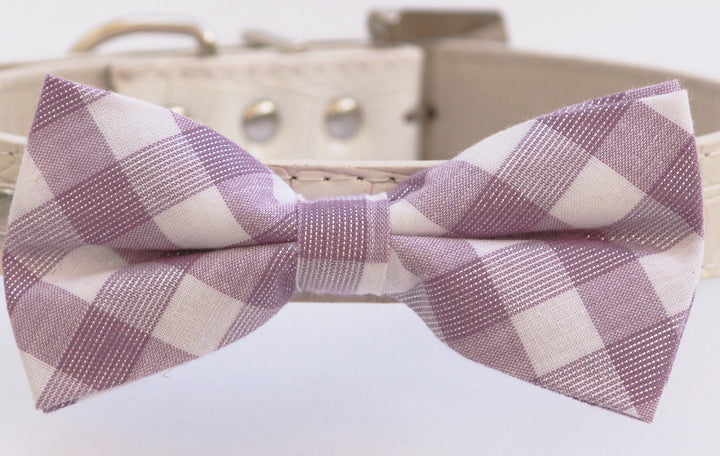 Lavender Dog Bow Tie - Cute Dog bowtie- plaid light purple and white dog bow tie with high quality leather collar , Wedding dog collar