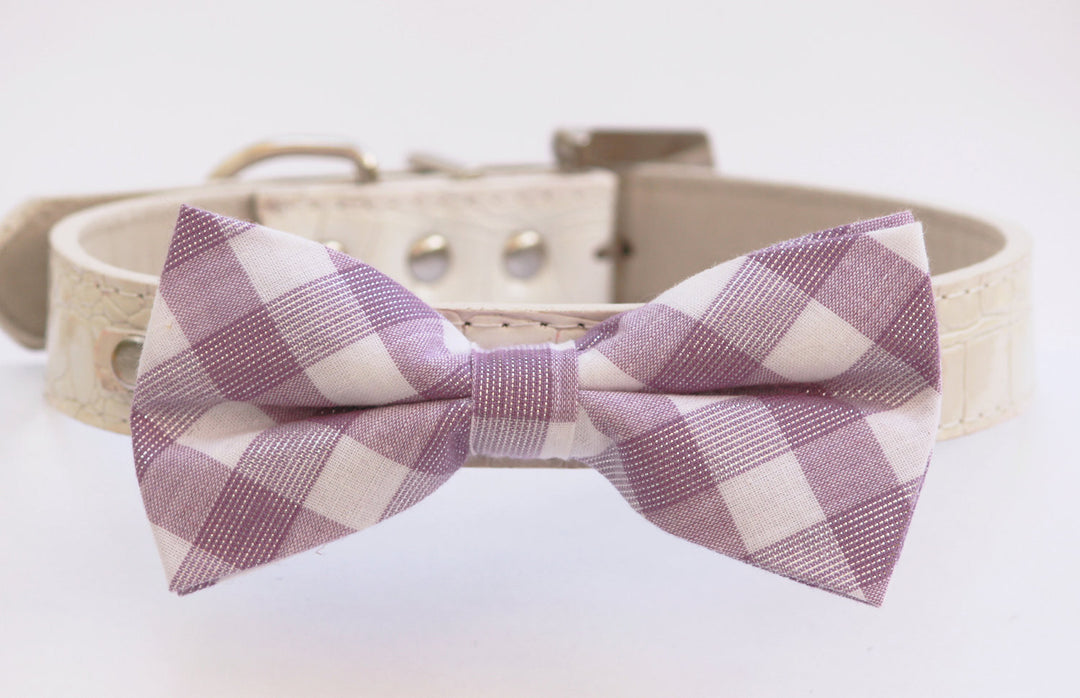 Lavender Dog Bow Tie - Cute Dog bowtie- plaid light purple and white dog bow tie with high quality leather collar , Wedding dog collar