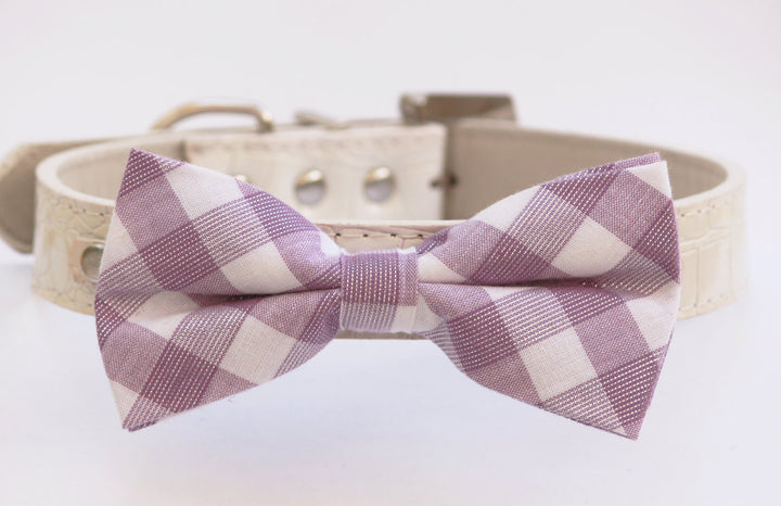 Lavender Dog Bow Tie - Cute Dog bowtie- plaid light purple and white dog bow tie with high quality leather collar , Wedding dog collar