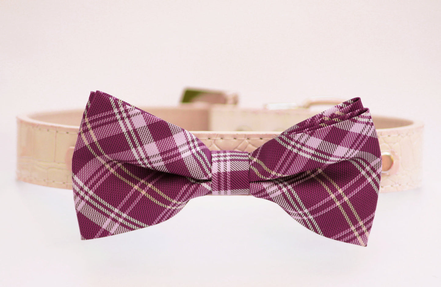 Plaid magenta dog bow tie with high quality leather collar, wedding dog accessories , Wedding dog collar