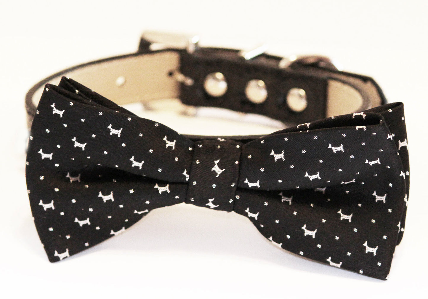 Black Dog Bow Tie with high quality black leather collar, Black bow with small cute dog print , Wedding dog collar