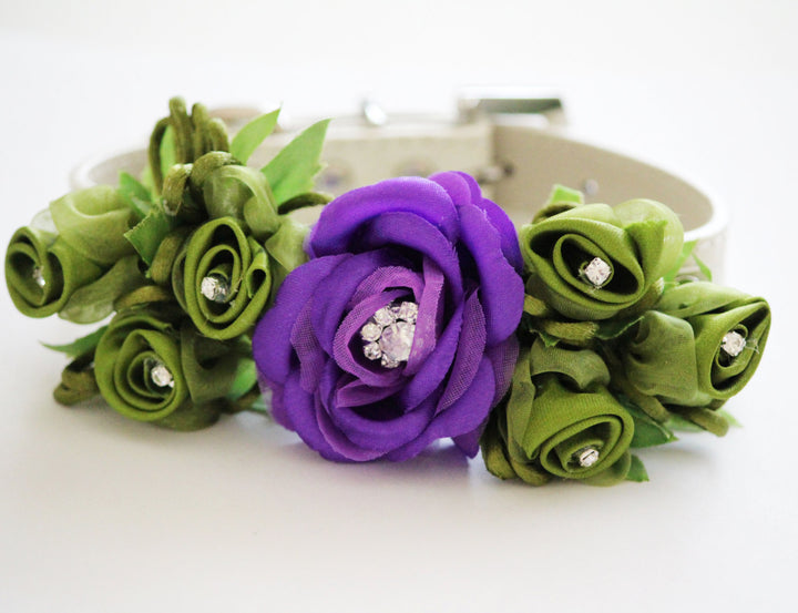 Purple Rose Dog Collar with Olive Green Satin Rose Arrangement