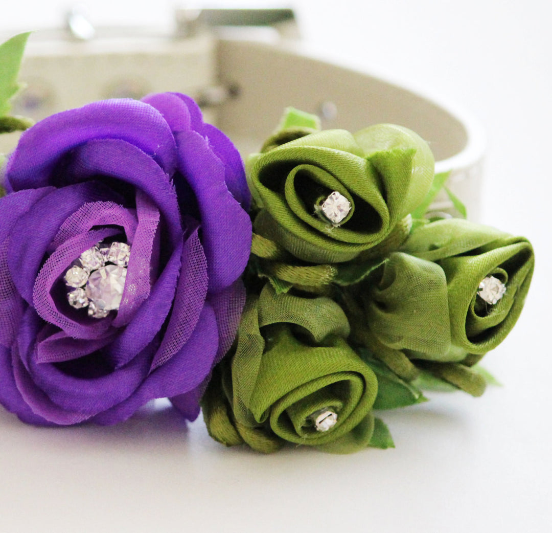 Purple Rose Dog Collar with Olive Green Satin Rose Arrangement
