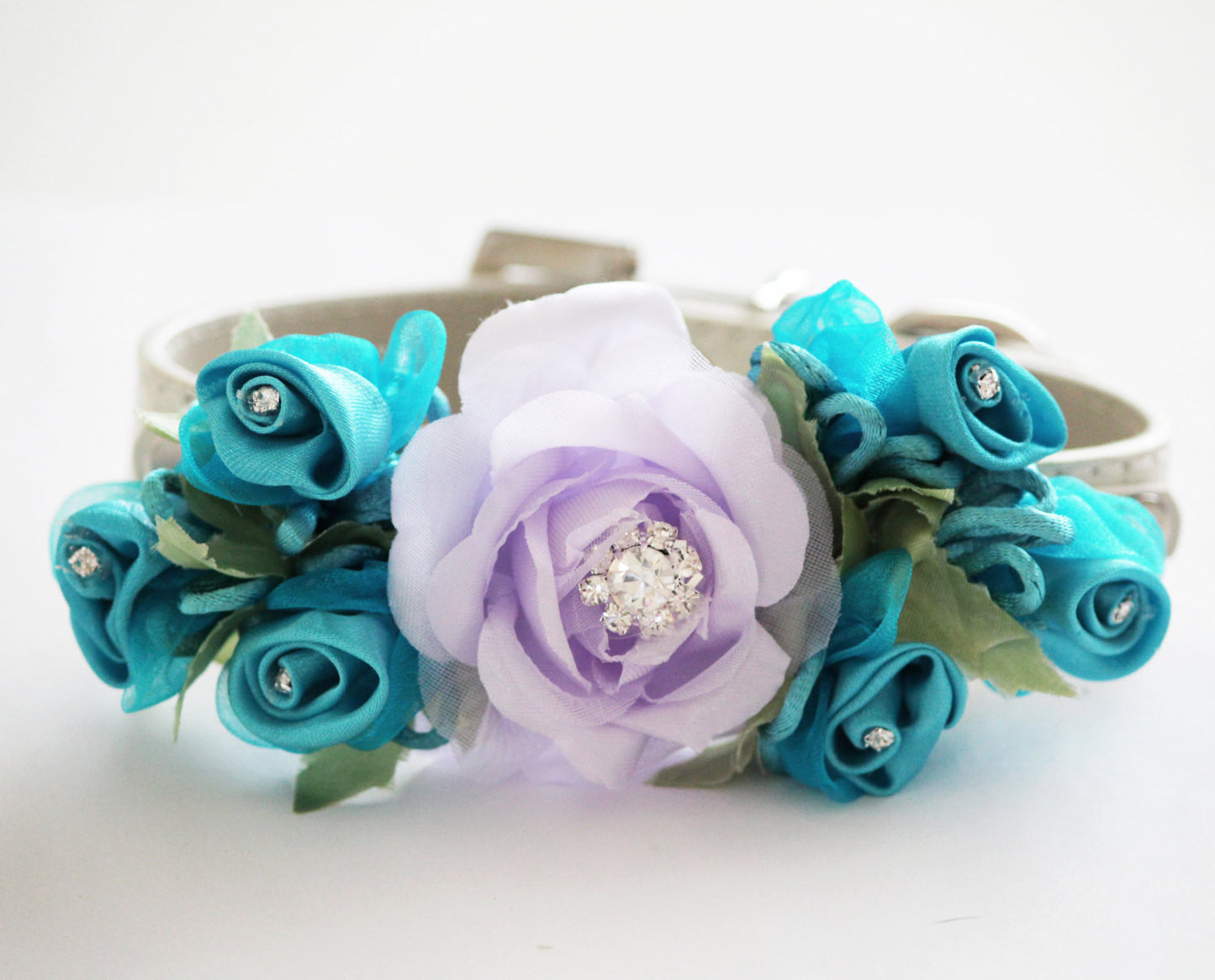 Light Purple Blue Wedding Dog Collar . Light Purple Blue Flowers with Rhinestones -High Quality Leather Collar, Wedding Dog Accessory , Wedding dog collar
