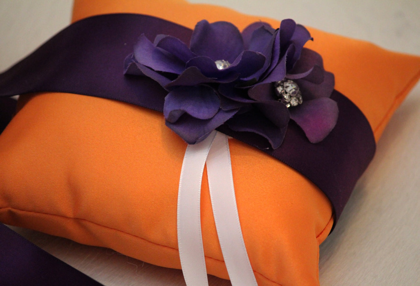 Orange Purple Pillow, attached to dog collar, Dog Ring Bearer Pillow , Wedding dog collar