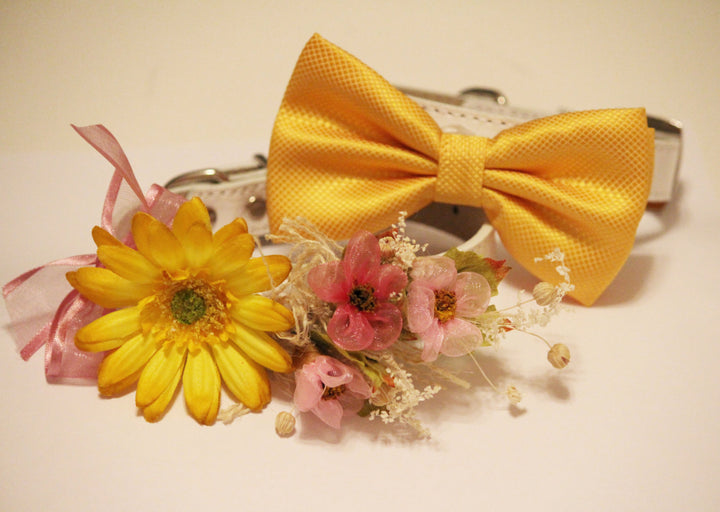 Yellow Wedding Dog Collars -Two Chic Wedding Dog Collars, Yellow dog bowtie and Floral Dog Collar , Wedding dog collar