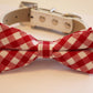 Plaid Red Dog Bow tie with High Quality White Leather Collar, Cute Dog Bow tie,Cute  Red Dog Bow tie , Wedding dog collar