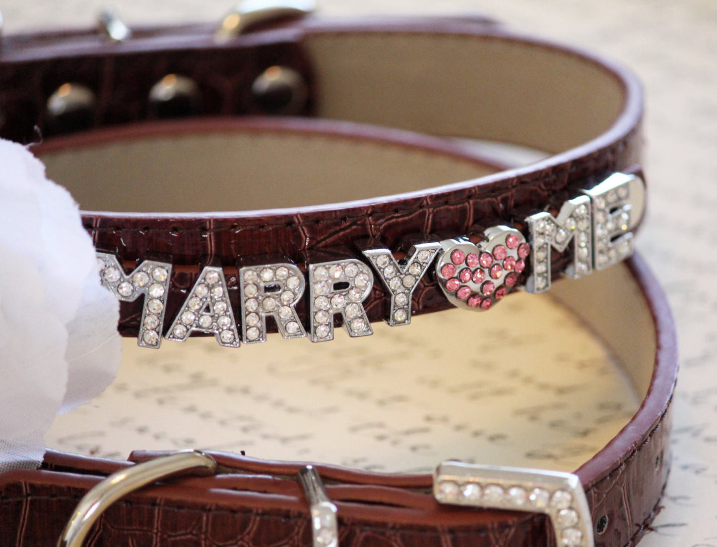 MARRY ME, Dog Collar, Brown Leather dog Collar with Marry me letters and white Flower ,Proposal Idea , Wedding dog collar