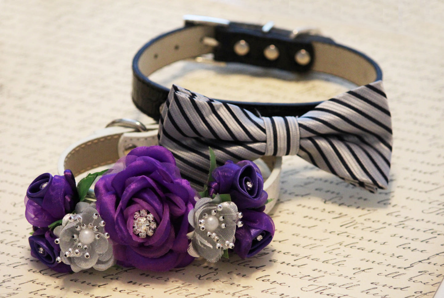 Purple silver dog collar, floral collar, bow tie collar , Wedding dog collar