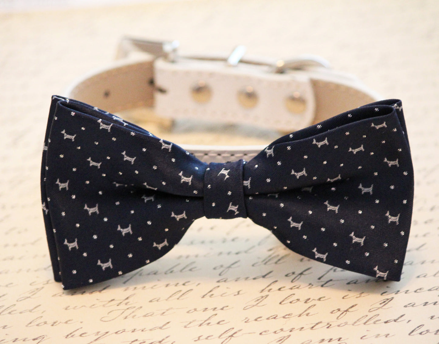 Navy Blue Dog Bow Tie -High quality leather and Fabric- Navy Wedding accessory, Navy Blue, Cute wedding gift , Wedding dog collar