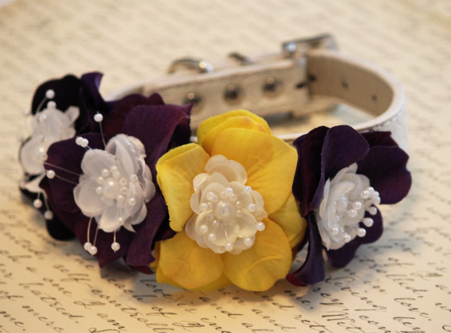 Yellow Purple Dog Collar, Yellow Purple Wedding, Floral Dog wedding pet collar , Wedding dog collar
